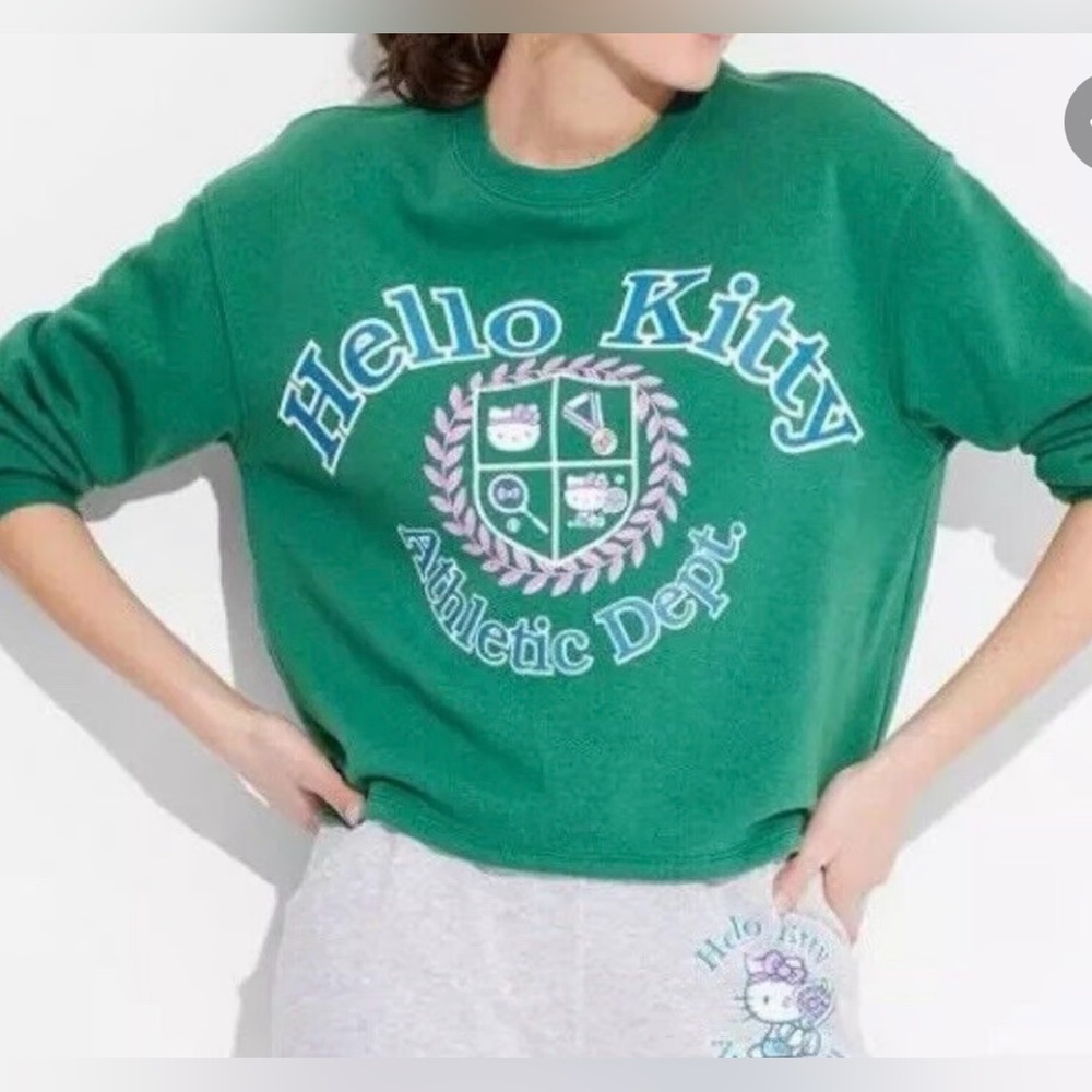 💚Hello Kitty Athletic Dept by Sanrio Crewneck Cropped Sweater XL NWT Green💚